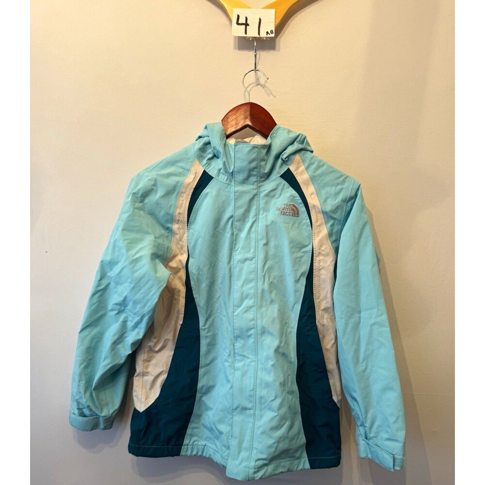 The North Face HyVent Girls L Hooded Full Zip Jacket Pockets Blue/White